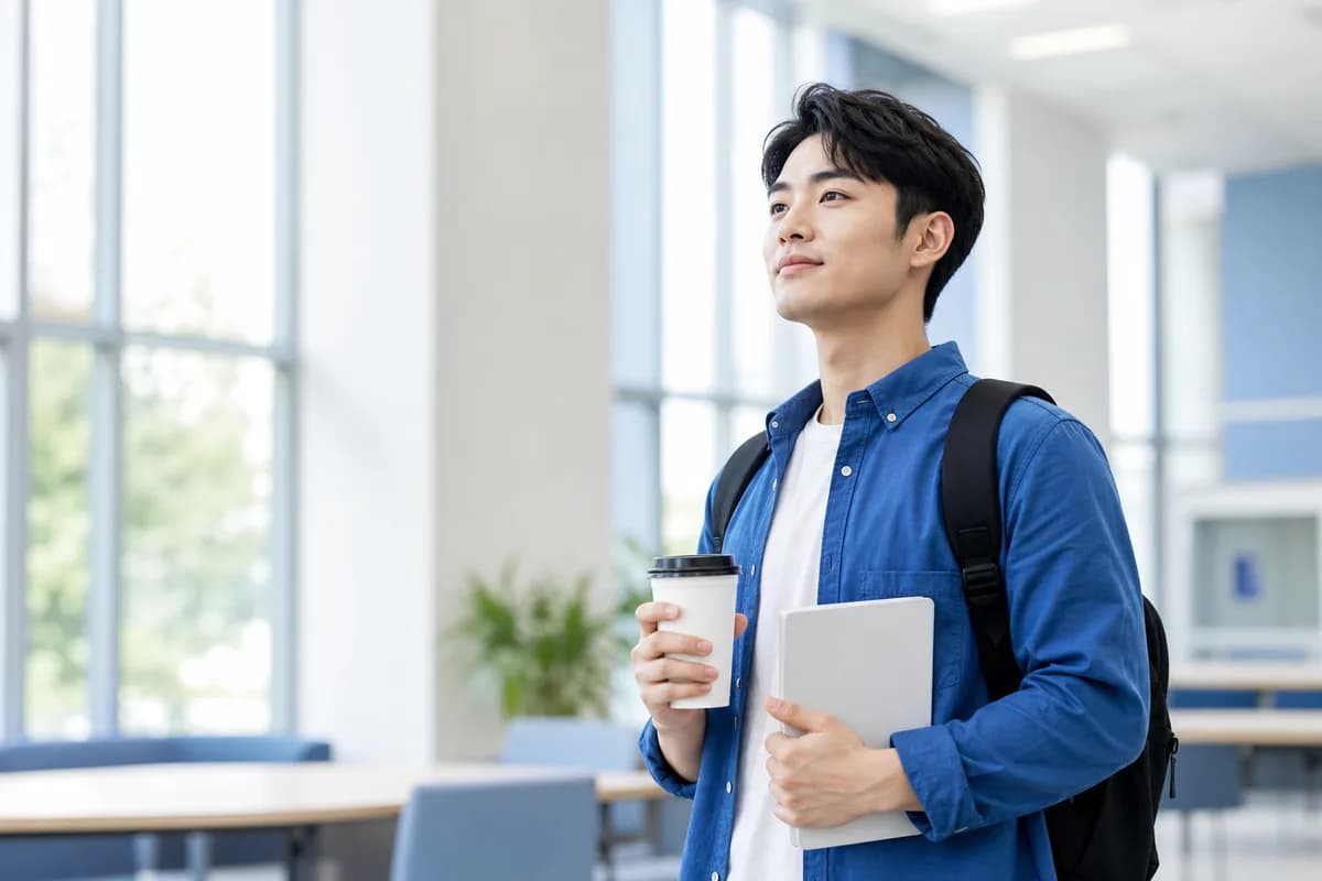 IELTS learner carrying a notebook and coffee