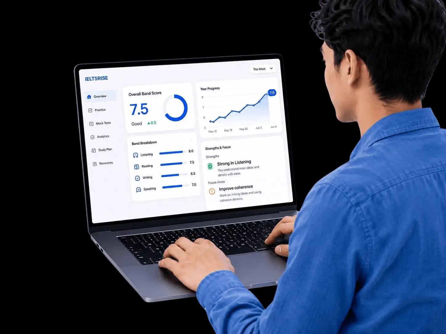 Student using IELTSRISE Smart Analytics on laptop